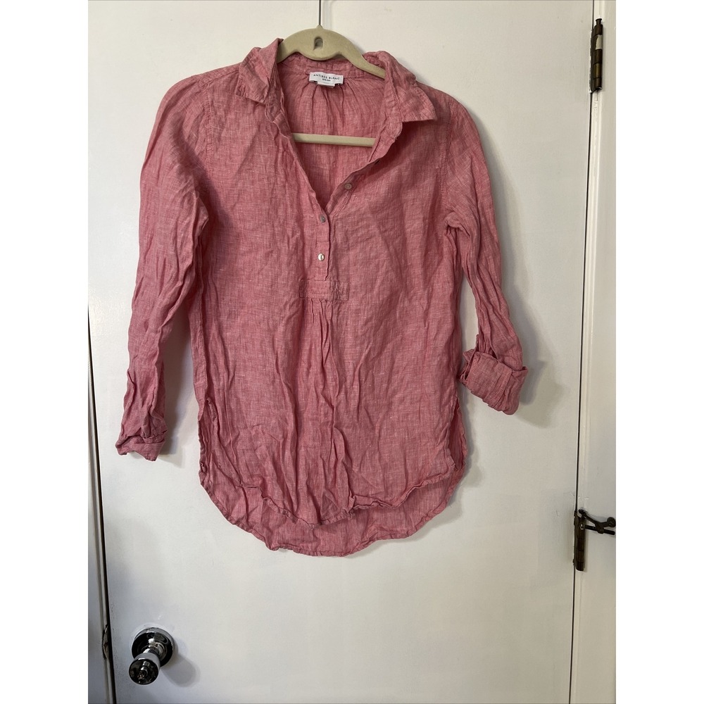 Antibes Blanc Women's Sz M 100% Linen Pink 1/2 Button Long Sleeve Blouse Shirt